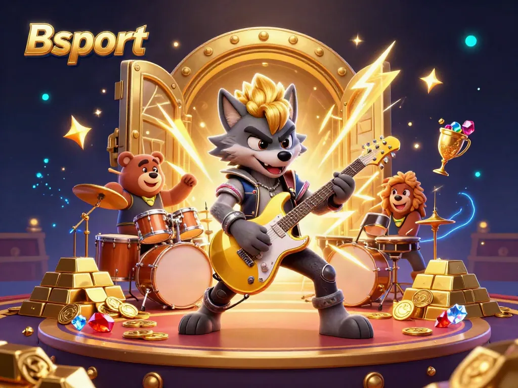 Experience the excitement of Bsport with a vibrant 3D casino scene featuring rock star characters, gold treasures, and dynamic energy.