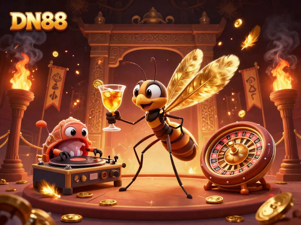 Experience the excitement of DN88 with a vibrant casino scene featuring a lively amber mosquito mascot and a spinning ammonite roulette wheel.