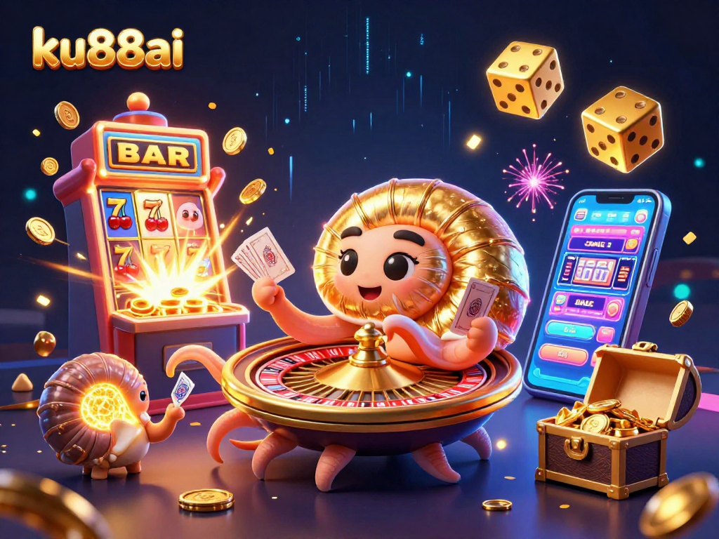 Join the excitement at ku88ai with a vibrant casino scene featuring dynamic 3D characters and colorful game elements.
