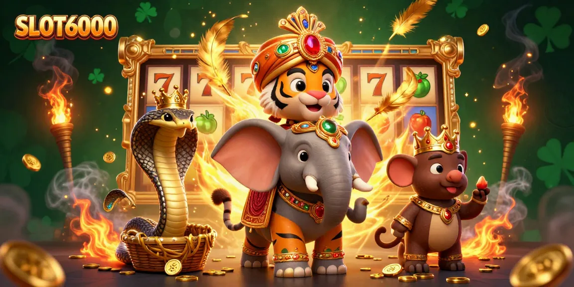 SLOT6000 showcases a vibrant 3D scene with a royal tiger and elephant in an exciting slots adventure.