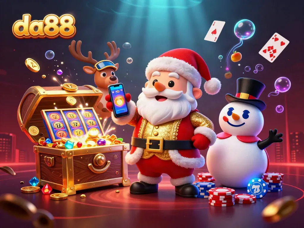 Win big with da88 as Santa reels in jackpots, surrounded by vibrant casino elements.